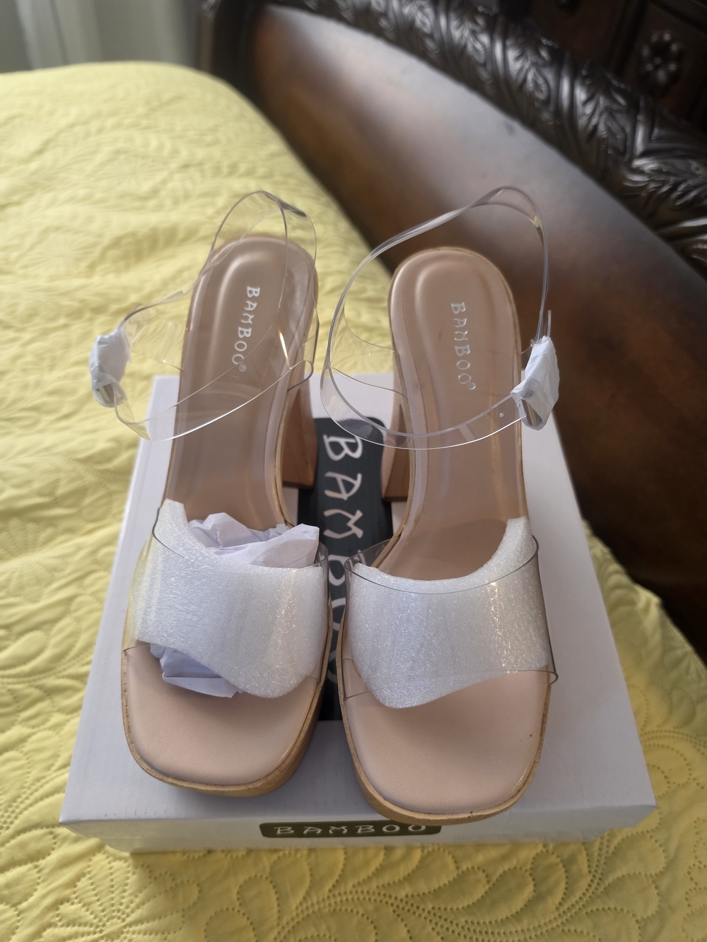 BAMBOO White Glitter Front Strap Clear Ankle Block Heel Sandals